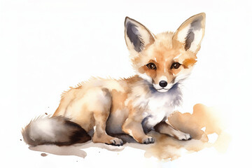 watercolor painting of cute little baby fox