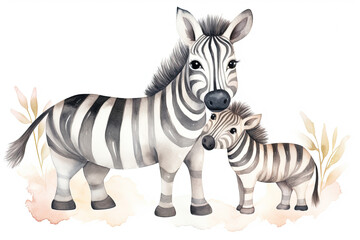 Fototapeta na wymiar watercolor painting illustration of zebra with a small foal