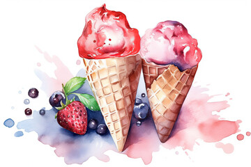 watercolor painting of fresh berries ice cream