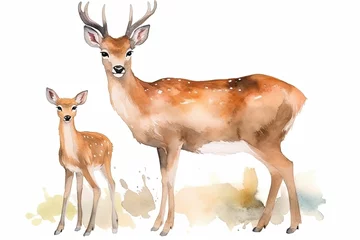 Fototapeten watercolor painting illustration of deer with his little cute cub © Ievgen Skrypko
