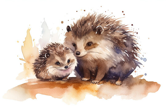 watercolor painting illustration of hedgehog with his cute little cub