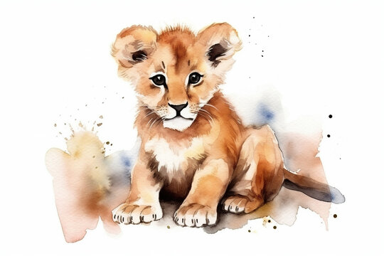 watercolor painting illustration of small cute lion