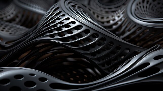 Black parametric texture background wall. Abstract lines. Dark background. Wavy surface. Tor view.