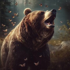 Obraz premium Brown Bearin flower field, butterflies. Generative Ai