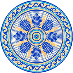 Circular mosaic ornament with the sun in ukranian style. For ceramics, tiles, ornaments, backgrounds and other projects.