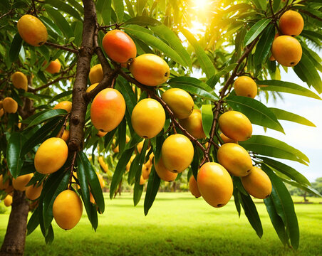 Mango fruits in sunny mango garden, exotic tropical fruits, AI Generative