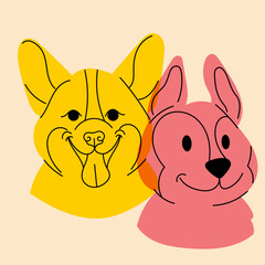 Dogs. Avatar, badge, poster, logo templates, print. Vector illustration in a minimalist style with Riso print effect. Flat cartoon style