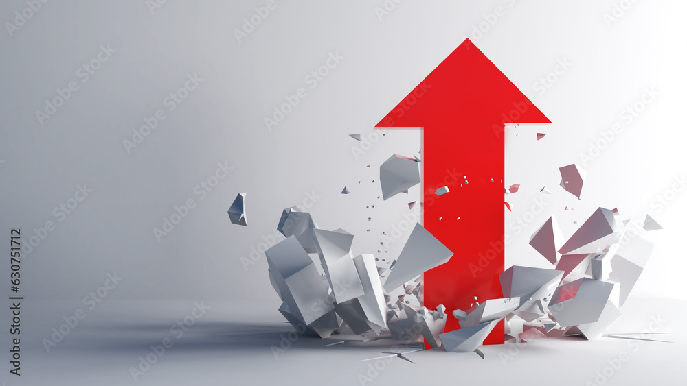 Fototapete the red arrow shot up through the concrete floor. ,thinking beyond the box and going beyond expectat
