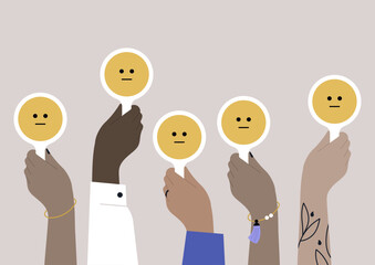 A diverse crowd of people displaying signs with impartial expressions