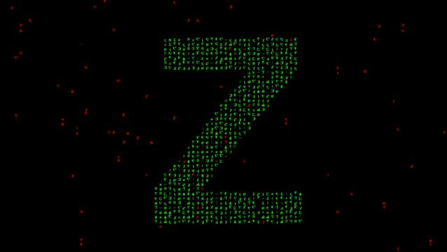 English alphabet Z with matrix code on plain black background