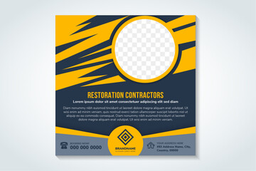 A flyer design for a restoration contractors, home for sale social media post, square real estate layout design, living web banner template, property company with photo space. purple and yellow colors