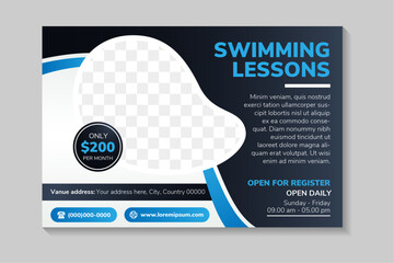 swimming lessons header page. Horizontal layout vector background template for page covers, flyers, leaflets or advertising billboards. space for photo and text. dark blue gradient background