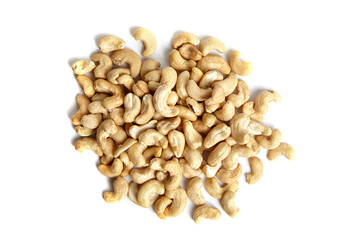 Cashew nut heap isolated on white background, top view. Nutritious nutty morsels