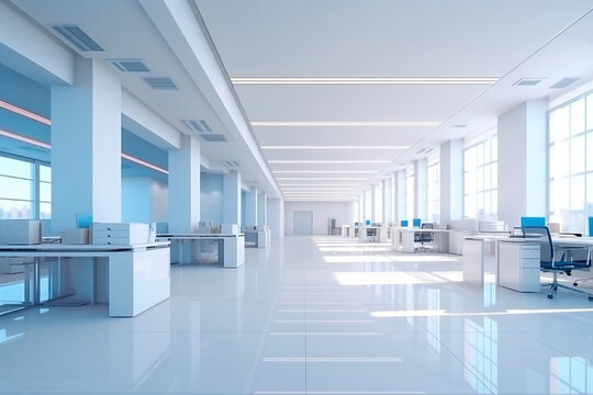 A beautiful modern spacious office hall with panoramic windows and a perspective in pleasant  blue tones