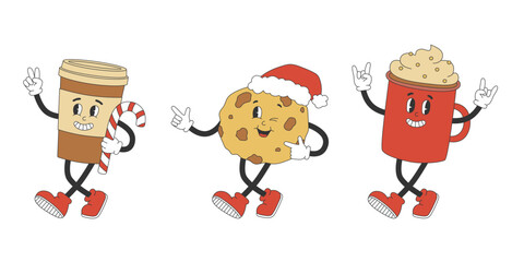 Set of cute cookie and coffee characters in y2k groovy style. Cartoon characters in trendy retro style for Christmas design.