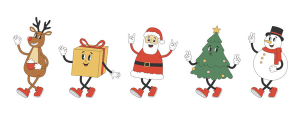 Fototapeta premium Groovy hippie Christmas characters. Cartoon characters in trendy retro style for winter Christmas design