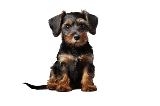 A photograph taken in a studio featuring an adorable dog positioned on a background that is separate from its surroundings.