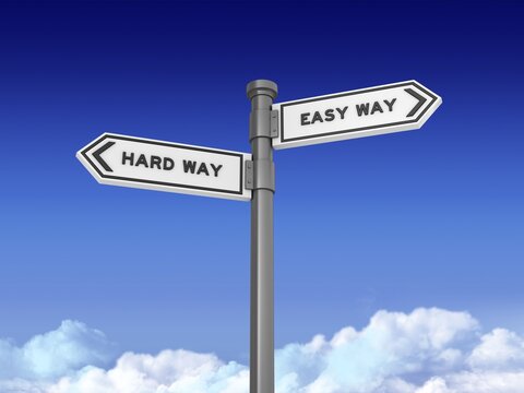 Directional Sign HARD WAY and EASY WAY - Blue Sky and Clouds Background - High Quality 3D Rendering