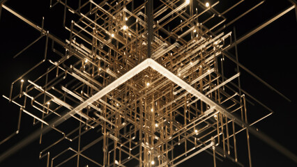 3d render Golden labyrinth with neon fire rages in gatsby style