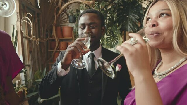 Chest up slowmo of cheerful just married husband and guests clinking champagne glasses during fourchette party after wedding ceremony