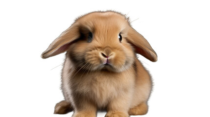 Frontal perspective of a delightful infant holland lop rabbit exhibiting a charming pose while positioned independently against a blank background. Embracing the adorable movements of this youthful
