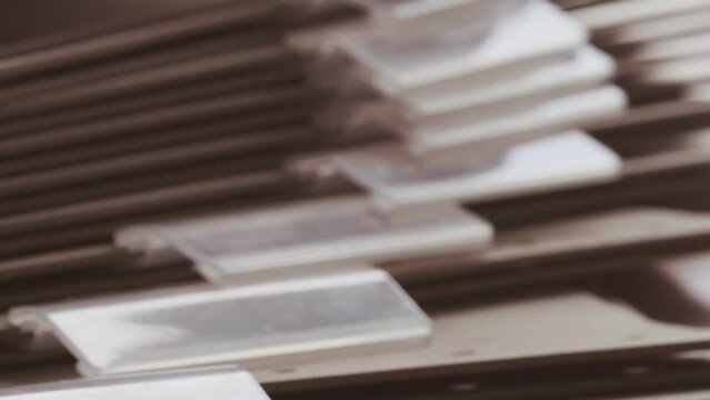 close-up cardboard folders, slider movement through archive documents, file cabinet HR department, family tree, organize financial documents, organization's activities, finances, projects, and events