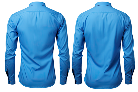 A blue shirt suitable for business or formal occasions, shown from both the front and back sides. It is set against a white background and can be easily separated from the image using a clipping path. - Powered by Adobe