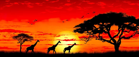 Foto op Canvas An African savannah landscape scene with safari animal silhouettes © waichi2013th