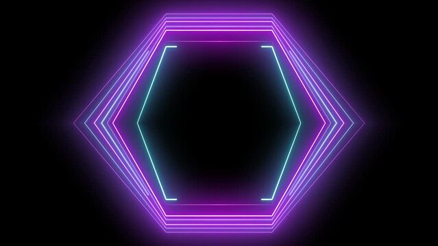 polygon geometrical neons animation with purple and blue magenta glowing beams. Striped lasers in black background show abstract magical shape objects