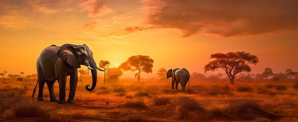 An African savannah landscape scene with safari animal silhouettes