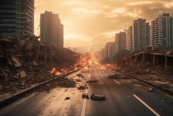 view of an asphalt road in the middle of an urban area with buildings that have collapsed due to natural disasters. generative ai