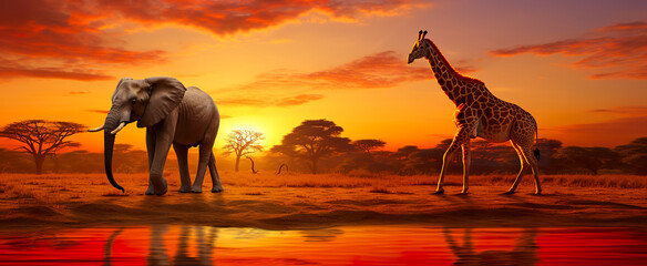 Fototapeta na wymiar An African savannah landscape scene with safari animal silhouettes