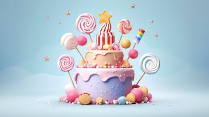 3d illustration of cute birthday cake, Sweet cake for a surprise birthday, for anniversary and celebration ,mother day, Valentine day, sweet food, cupcake, Generative AI illustration