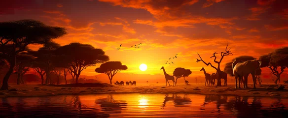Papier Peint photo autocollant Rouge violet An African savannah landscape scene with safari animal silhouettes