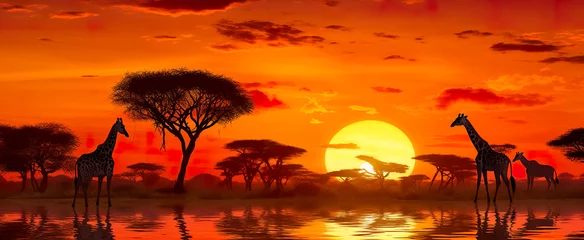 Foto op Plexiglas Warm oranje An African savannah landscape scene with safari animal silhouettes