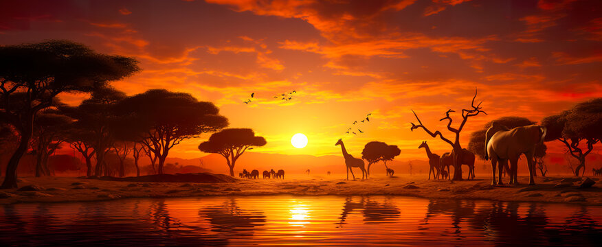 An African savannah landscape scene with safari animal silhouettes