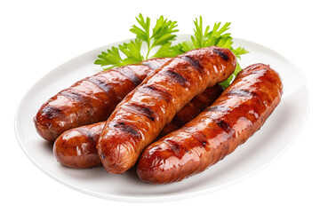Grilled pork sausages, cooked sausages barbecued, separated on white backdrop. - obrazy, fototapety, plakaty