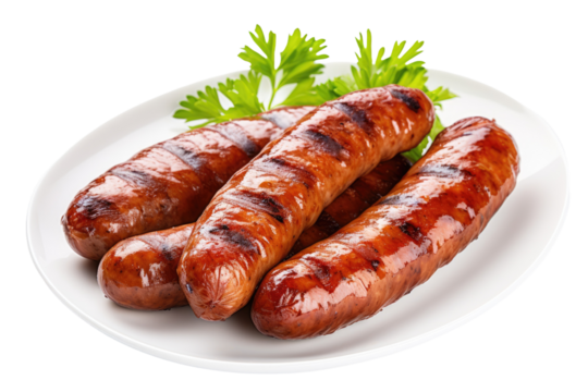 Grilled pork sausages, cooked sausages barbecued, separated on white backdrop.