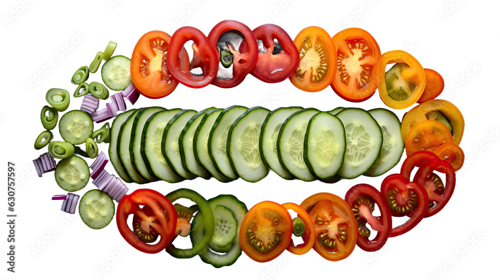 Poster Vegetable slices illuminated from behind, separated from the background by a white surface. A see-through arrangement of food.