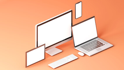 Fototapeta na wymiar Clean white device mockup set with orange background. Tablet PC , desktop computer mobile and notebook.3d rendering
