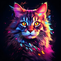Vector art painting  portrait of cat with colorful colors isolated on black background created with Generative AI technology