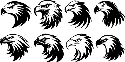 Eagle head emblem black on white. Mascot bird vector. Logo illustration isolated on white.