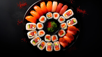Assorted sushi, rolls and maki big set on dark background A variety of Japanese sushi with tuna, crab, salmon, eel and rolls. Top view
