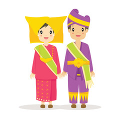 Happy couple wearing Padang, West Sumatra traditional dress. Indonesia traditional dress cartoon vector.