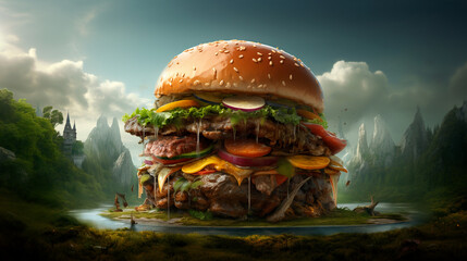 A huge strange burger in forest as a nature background. A concept on the theme of fast food that has captured the world