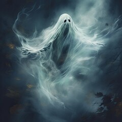 Flying ghost, for halloween. AI generation. Illustration.