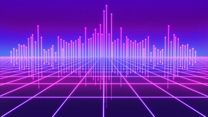Background with a futuristic 1980s feel and a computerized retro cyber texture. 80s party background, sci-fi summer background, 80s vintage fashion.,3d rendering