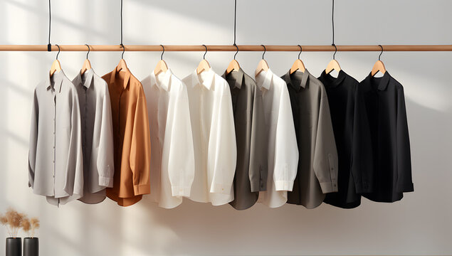 Clothes, shirts on hangers on floor created with Generative AI technology
