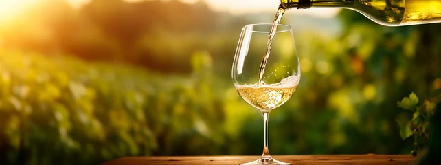 Foto op Plexiglas Wine glass with pouring white wine and vineyard landscape in sunny day. Winemaking concept, copy space © petrrgoskov