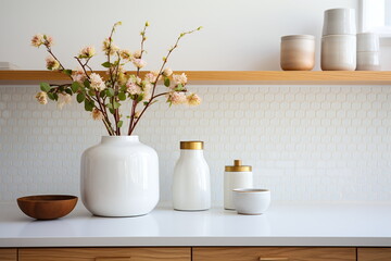 Obraz na płótnie Canvas Modern White Kitchen with modern decor - AI Generated